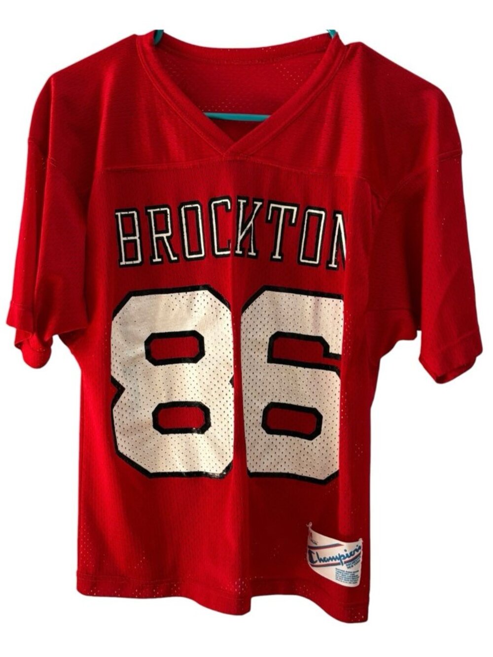 Vtg 80s Champion Brockton HS Football Cropped Jersey Medium 86 Red Mesh USA